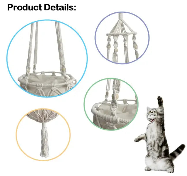 Macrame Hanging Cat Hammock Bed with Cushion