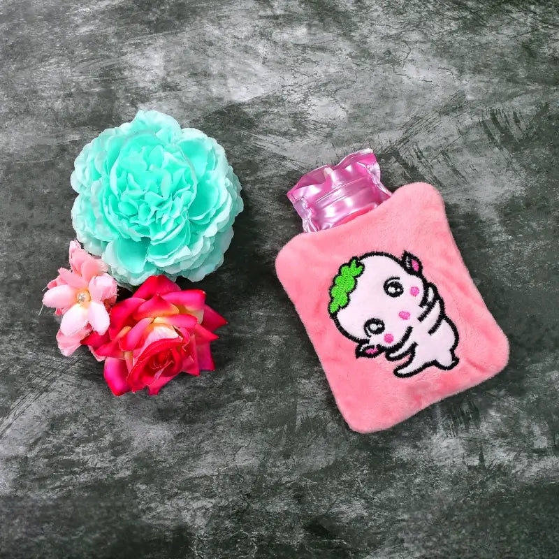 Pink Cartoon Small Hot Water Bag with Cover for Pain Relief