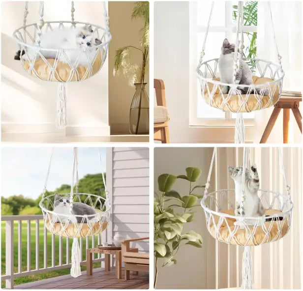 Macrame Hanging Cat Hammock Bed with Cushion