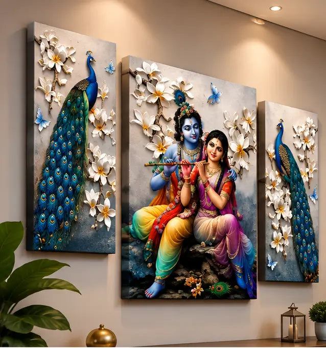 Radha Krishna Peacock 3 Panel Canvas Wall Painting