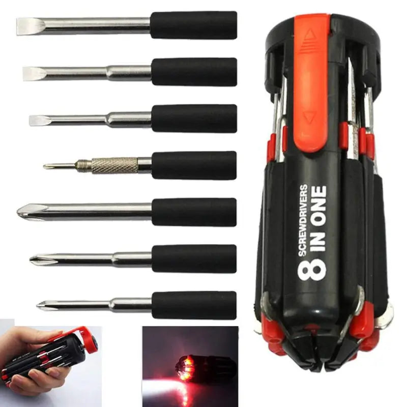 8-in-1 Multi-Tool Screwdriver with LED Flashlight Compact and Portable