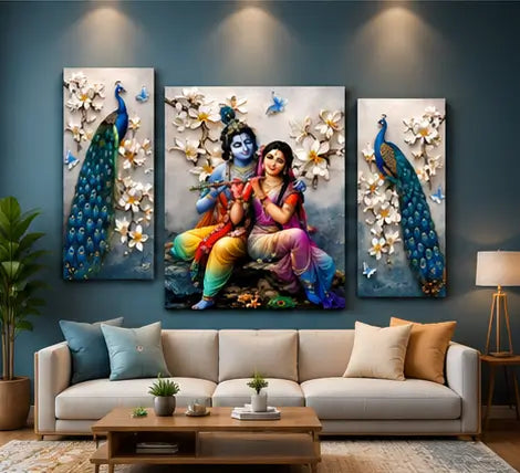 Radha Krishna Peacock 3 Panel Canvas Wall Painting