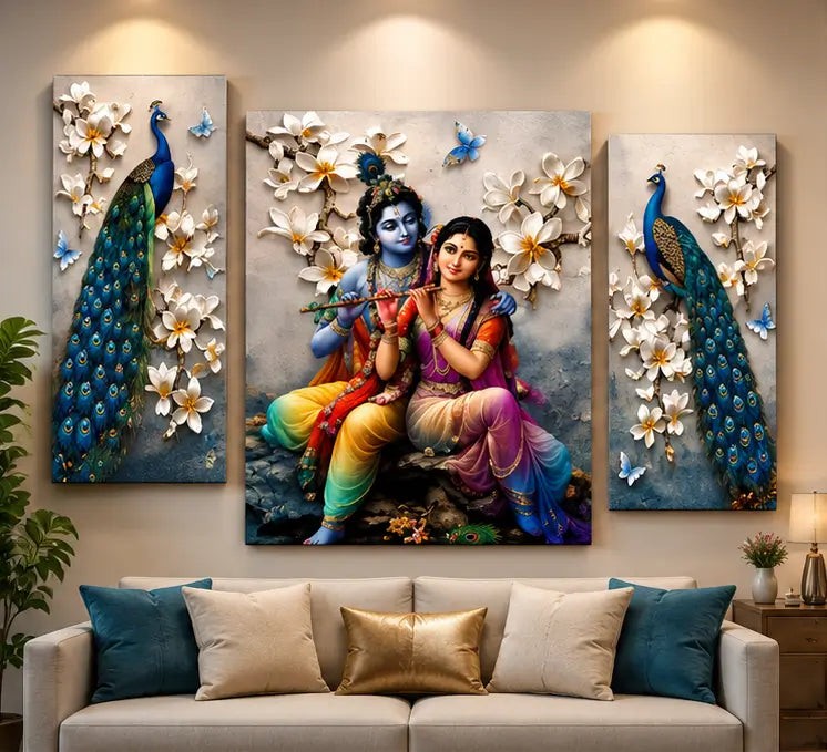 Radha Krishna Peacock 3 Panel Canvas Wall Painting