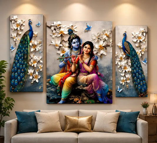 Radha Krishna Peacock 3 Panel Canvas Wall Painting