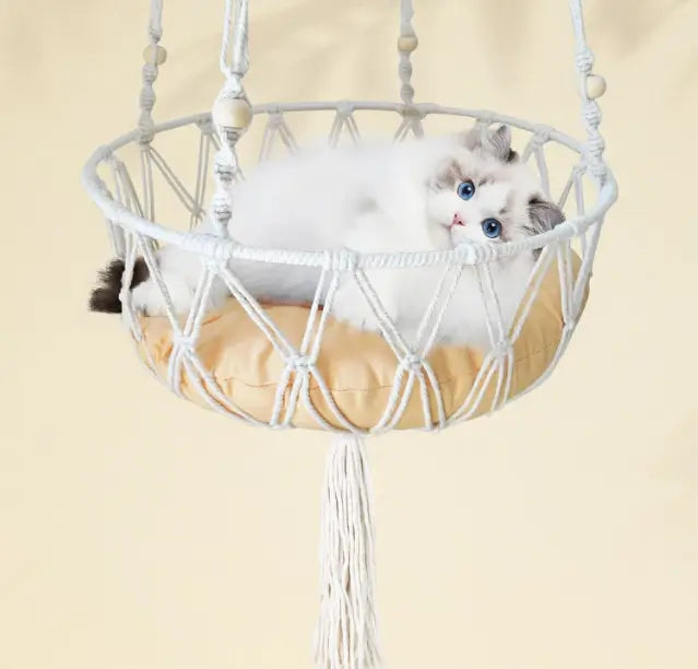 Macrame Hanging Cat Hammock Bed with Cushion