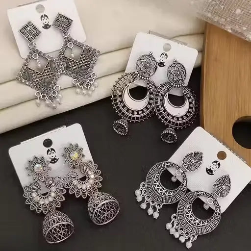 Combo of 4 Pair Oxidised Silver Jhumki & Hoop Earrings