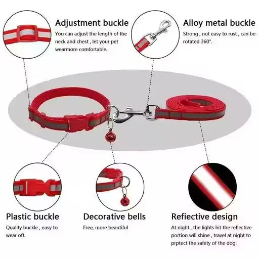 Reflective Nylon Pet Collar and Leash Set – Red