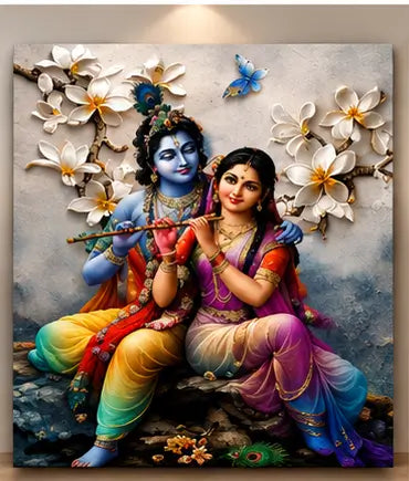 Radha Krishna Peacock 3 Panel Canvas Wall Painting